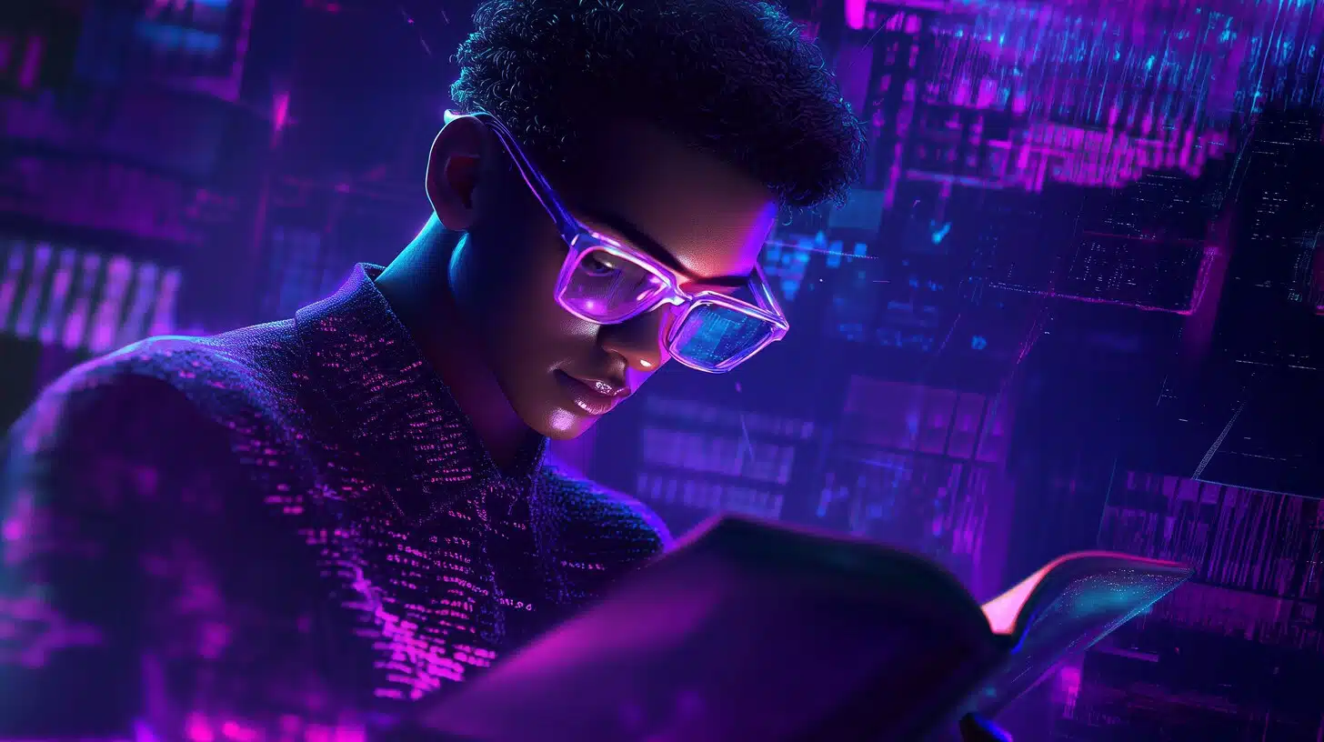 u6479339612 A young man with glasses reading an open book surro fa90f1fd c99d 4221 9477 00537ef24d11